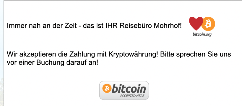 Reisebüro Mohrhof akzeptiert Bitcoin