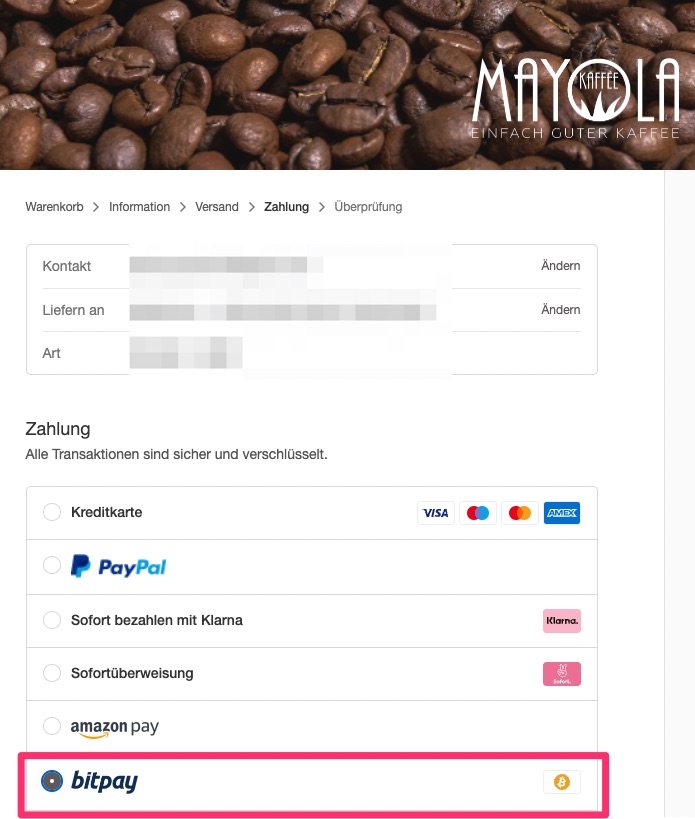 Mayola Kaffee kannst Du Online mit Bitcoin zahlen