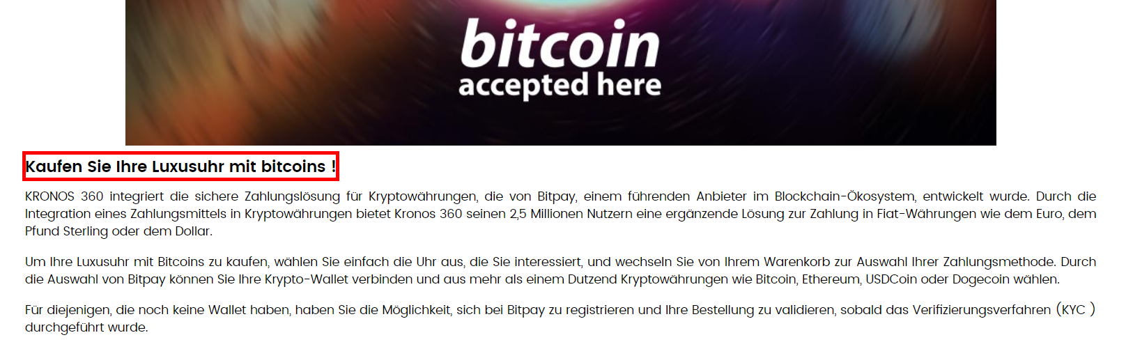 Kronos 360 akzeptiert Bitcoin