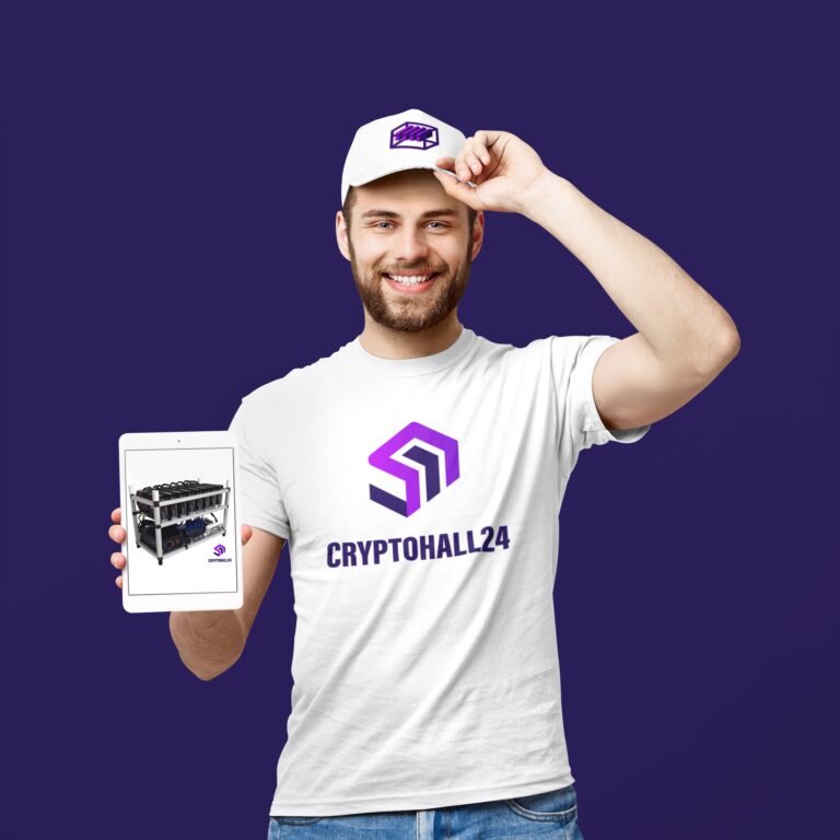 Cryptohall24 - der deutsche Krypto-Experte im Bereich ASIC-Mining & Mining-Hosting 6 t shirt and dad hat mockup featuring a man holding an ipad mini 42674 r el2 768x768